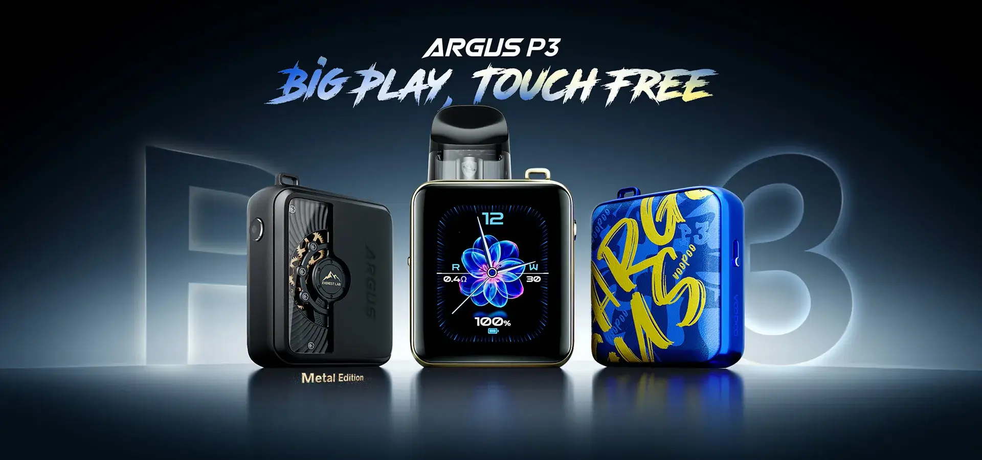 VOOPOO Argus P3 觸控螢幕主機與多款外觀版本示意圖