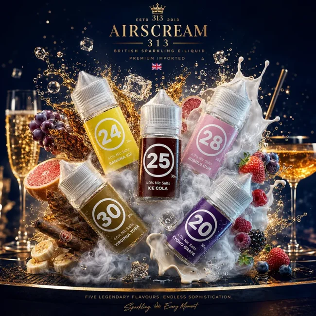 AIRSCREAM 313 氣泡煙油 40mg 多口味主圖 AIRSCREAM 313 氣泡煙油 40mg 主圖,展示 Ice Cola、Grape、Bubble Gum、Banana Ice 與 Virginia Tobacco 風味瓶身,搭配水果、冰塊、氣泡與煙霧背景