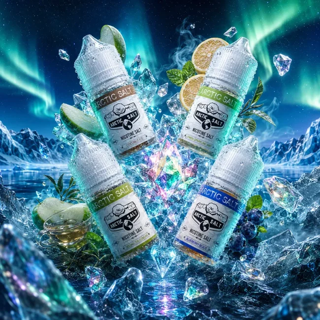 ARCTIC SALT 北極鹽煙油多口味主圖 ARCTIC SALT 北極鹽煙油主圖,展示椰青、檸檬、青蘋檸檬與藍莓風味瓶身,搭配北極光、冰晶、檸檬、藍莓與茶葉背景