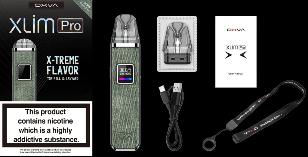OXVA XLIM PRO 小蠻牛套裝內容與配件示意圖