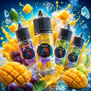 Vaporshill 888 煙油芒果葡萄哈密瓜主圖 Vaporshill 888 煙油主圖,展示芒果、葡萄與哈密瓜風味瓶身,搭配芒果果肉、葡萄、哈密瓜、冰晶與果汁飛濺背景