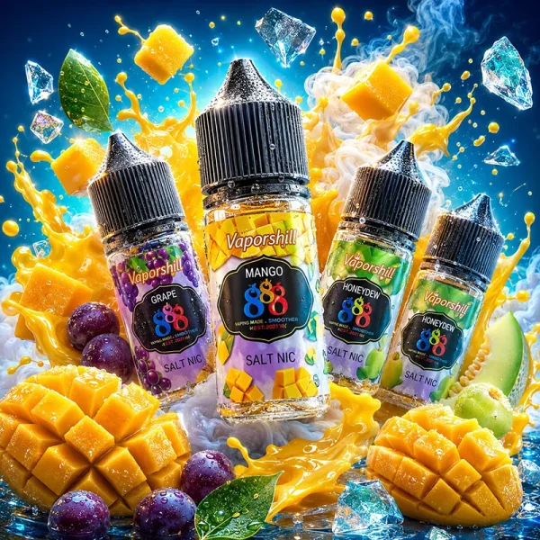 Vaporshill 888 煙油芒果葡萄哈密瓜主圖 Vaporshill 888 煙油主圖,展示芒果、葡萄與哈密瓜風味瓶身,搭配芒果果肉、葡萄、哈密瓜、冰晶與果汁飛濺背景